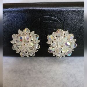 Vintage 1950s Beaded Crystal Clip On Earrings Silver Tone Metal Unsigned